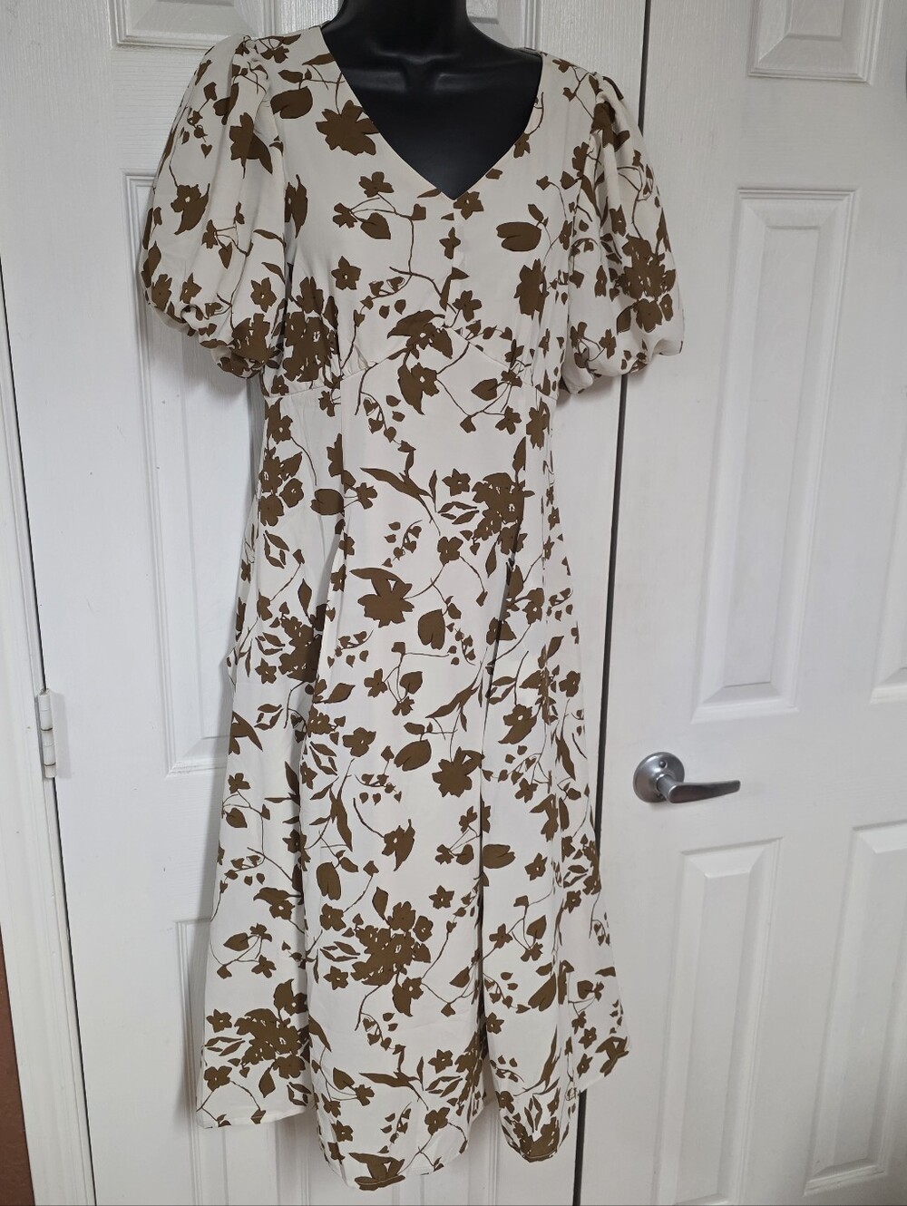 BELLA ELLA Cream Dress with Brown Floral Print & Puff Sleeve